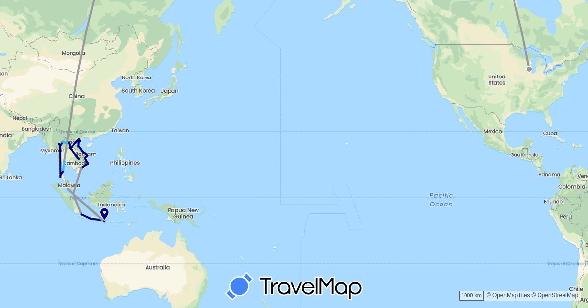 TravelMap itinerary: driving, plane, boat in Indonesia, Laos, Malaysia, Singapore, Thailand, United States, Vietnam (Asia, North America)